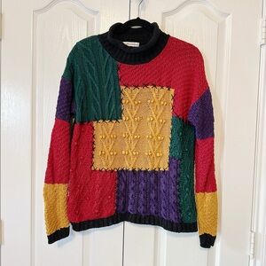 Woman Color Block Chunky Knit Patchwork Sweater Multicolored Size Medium